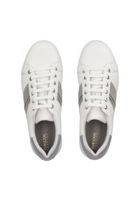 White sneaker with gray suede stripes. Features round toe, lace-up closure, and padded collar. Textured rubber sole, interior branding visible.