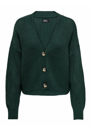 Grön stickad cardigan med V-ringning, långa ärmar och tre bruna knappar framtill. Mönster med textur och ribbad nederkant.