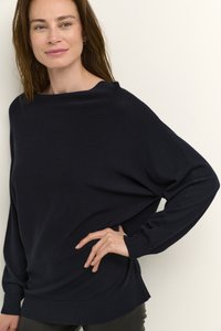 Navy blue oversized sweater with a wide neckline, long sleeves, and ribbed cuffs and hem. Made from soft, textured fabric.