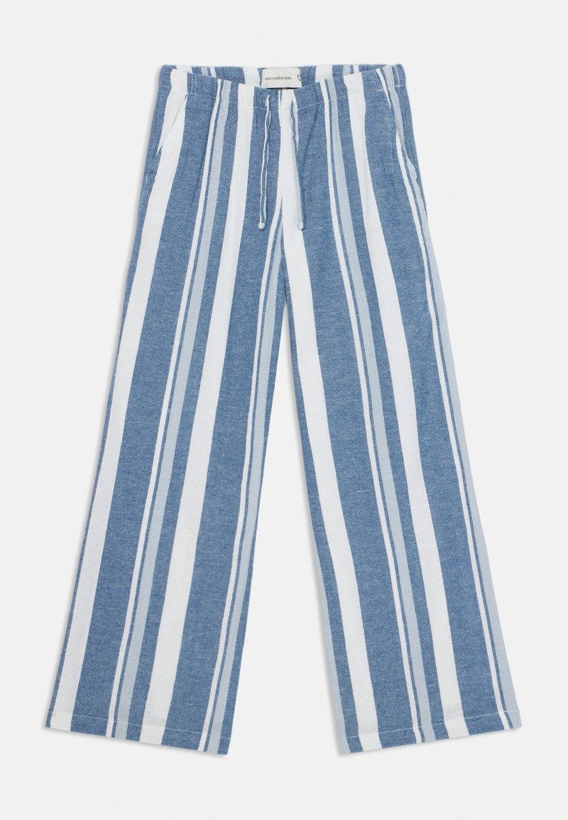 Pantaloni a gamba larga a righe in misto cotone blu e bianco; presentano un cintura con cordoncino e tasche laterali. Le righe orizzontali variano in larghezza.