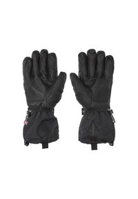 Zwarte handschoenen met leren buitenkant en gevoerde vingertoppen. Kenmerken zijn elastische manchet en merketiket. Gladde textuur met beschermende stiksels.