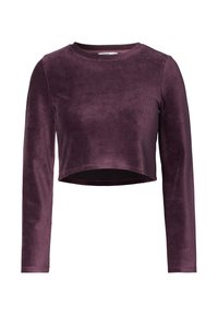 Langærmet cropped top i mørk lilla velour med rund udskæring og glat tekstur. Har tætsiddende ærmer og et enkelt design.