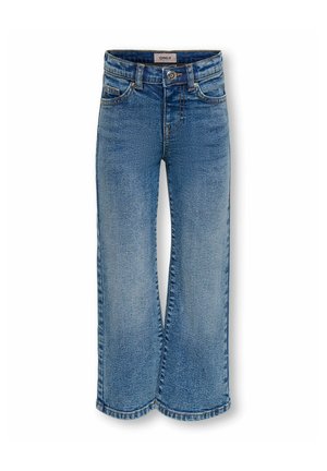 Jean en denim bleu avec un bouton et une fermeture éclair, jambes droites larges, poches avant et une petite étiquette de marque à l’intérieur de la ceinture.