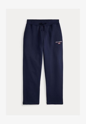 Granatowe spodnie dresowe wykonane z miękkiego materiału, z elastycznym pasem ze ściągaczem oraz czerwonym logo "POLO SPORT" po boku.