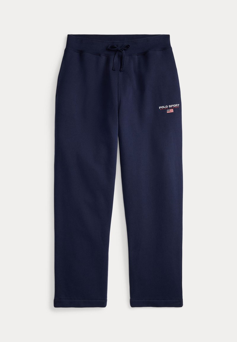 Navy blue sweatpants made of soft fabric, featuring an elastic waistband with drawstring and a red "POLO SPORT" logo on the side.
