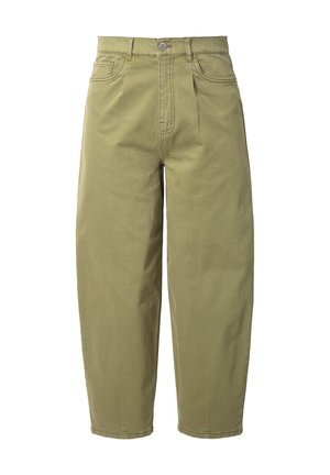 Grüne, weite Baumwollhosen mit einem Frontknopf, zwei Seitentaschen und einer glatten Textur. Sie verfügen über eine hohe Taille und einen geraden Schnitt.