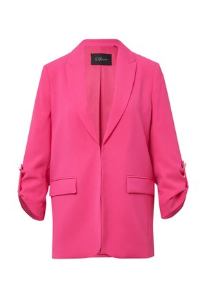 Fuchsia-pink Blazer mit Schalkragen, Dreiviertelärmeln, zwei vorderen Taschen und Knopfdetail an den Ärmeln. Glatte Stofftextur.