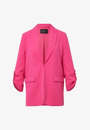 Fuchsia roze blazer met een sjaalkraag, driekwartmouwen, twee voorzakken en knoopdetails op de mouwen. Glad textuur van de stof.