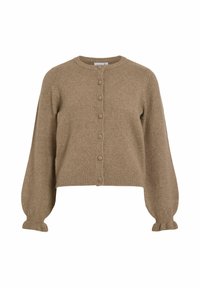 Cardigan court marron avec encolure ronde, six boutons recouverts de tissu, et manches longues bouffantes avec des poignets volantés.