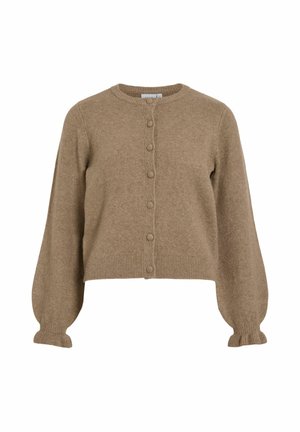 Ruskea lyhyt neuletakki, jossa on pyöreä kaulus, kuusi kankaan peittämää nappia ja pitkät puffi-hihat, joissa on kuminauhalla varustetut hihansuut.