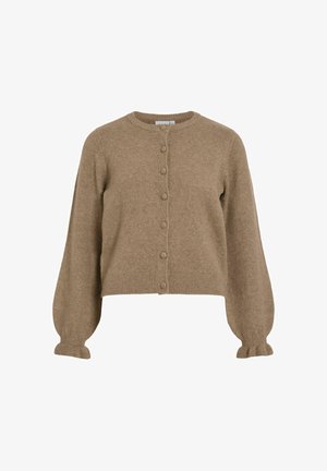 Cardigan court marron avec encolure ronde, six boutons recouverts de tissu, et manches longues bouffantes avec des poignets volantés.