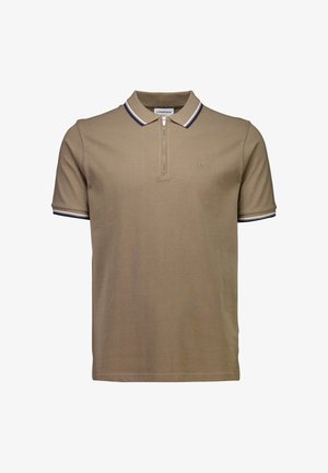 Beiges kurzärmeliges Poloshirt mit Reißverschluss, marineblau-weiß gestreiftem Kragen und Ärmelrändern, besticktem Logo auf der linken Brust.