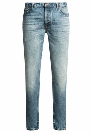 Light blue denim jeans with a faded effect, straight leg design, five-pocket style, and metal button closure. Textured fabric with seams.