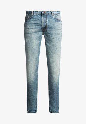 Light blue denim jeans with a faded effect, straight leg design, five-pocket style, and metal button closure. Textured fabric with seams.