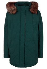 Veste matelassée verte avec un col montant, dotée d'une bordure en fausse fourrure marron sur la capuche, fermeture éclair à l'avant et deux poches latérales. Texture lisse.