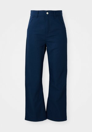 Marineblauwe wijde broek gemaakt van stevige stof, met een sluiting met knop aan de voorkant en vier zakken met een soepele textuur.