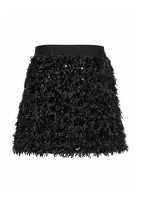 Zwarte rok met een gestructureerd, pluizig ontwerp, voorzien van glanzende pailletten en een nauwsluitende tailleband. De vorm is kort en uitlopend.