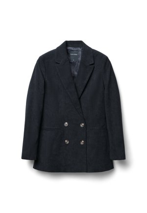 Giacca blu navy doppiopetto realizzata in corduroy. Caratterizzata da un colletto a revers, due tasche frontali e bottoni metallici. Fodera liscia.