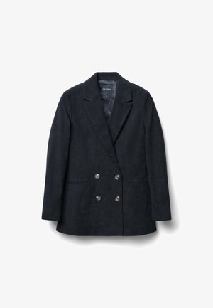 Giacca blu navy doppiopetto realizzata in corduroy. Caratterizzata da un colletto a revers, due tasche frontali e bottoni metallici. Fodera liscia.