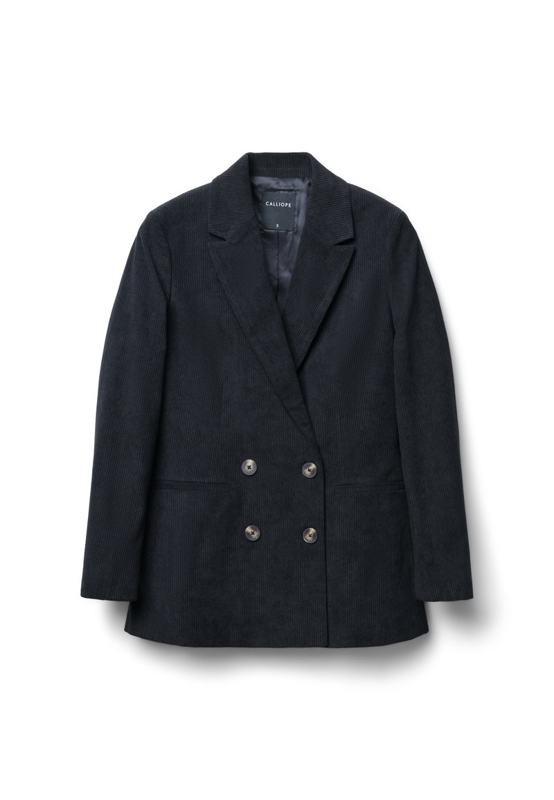Doppelreihiger dunkelblauer Blazer aus Cord. Verfügt über einen Reverskragen, zwei Vordertaschen und metallische Knöpfe. Glatte Fütterung.