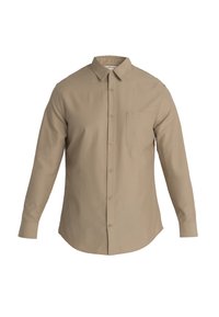 Camicia button-up a maniche lunghe di colore beige, con colletto, taschino frontale e tessuto liscio. Vestibilità classica con orlo diritto.