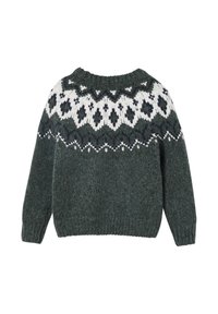 Grüner gestrickter Pullover mit rundem Ausschnitt, langen Ärmeln und einem Fair-Isle-Muster in Weiß und Dunkelblau auf dem Schulterbereich. Strukturiertes Material.