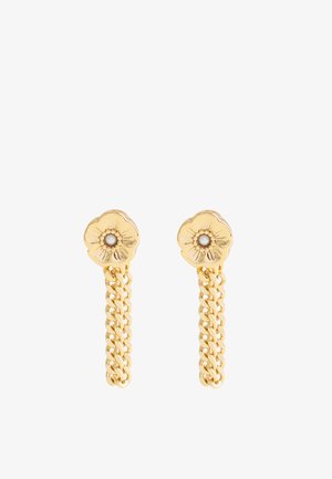 Gold flower-shaped earrings with textured petals and a pearl center, featuring a chain drop design for added length and detail.