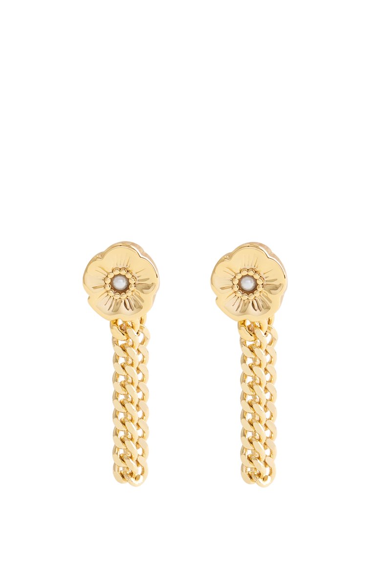 Guldörhängen i blomform med texturerade kronblad och en pärlcentrum, med en kedjehängsdesign för extra längd och detaljer.