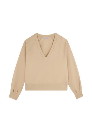 Beiger V-Ausschnitt-Pullover mit Raglanärmeln und geripptem Saum und Bündchen. Hergestellt aus weichem Stoff, mit einer lockeren Passform und minimalen Designdetails.