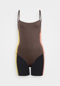 Brun svømmedrakt uten ermer med gule, rosa og svarte sidepaneler. Har tynne stropper og en tettsittende design, laget av glatt stoff.