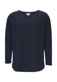 Donkerblauwe lange mouwen textuurshirt met een ronde hals en een relaxte pasvorm.
