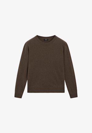 Maglione marrone lavorato a maglia con scollo rotondo e maniche lunghe. Presenta polsini e orlo a costine, realizzato in un materiale morbido e leggero.