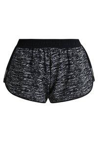 Shorts de sport à motif noir et blanc avec une ceinture élastique et des panneaux latéraux en mesh, présentant une coupe ample et un ourlet incurvé.