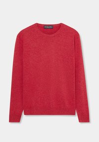 Roter Pullover mit langen Ärmeln aus weichem Material, runder Ausschnitt und gerippten Bündchen. Hat eine glatte Textur und ein leicht meliertes Muster.