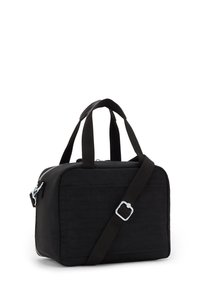 Sort håndtaske lavet af slidstærkt stof, med to top håndtag, en justerbar skulderrem og en lynlås lukning. Firkantet form med et minimalistisk design.