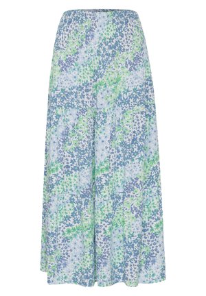 Jupe maxi florale avec une taille élastique, présentant une palette de couleurs bleu-vert et différents motifs floraux sur un tissu léger.