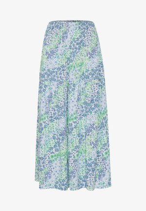 Blommig maxikjol med elastisk midja, som har en blågrön färgpalett och varierande blommönster på lättviktig tyg.