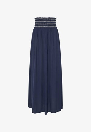 Marineblauwe maxi-rok met geplooide tailleband met witte zigzagpatronen, vloeiend stof en enkellang zoom.