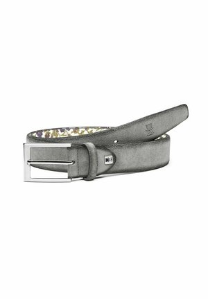 Metallic gray leather belt with a smooth texture, featuring a silver-tone rectangular buckle and a patterned fabric lining in various colors.