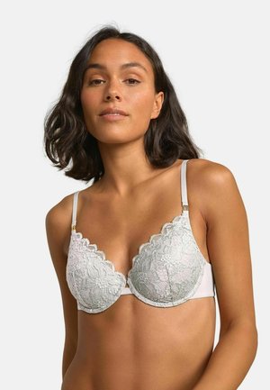 Spitzen-BH mit gewelltem Saum, weichem Grau, Bügelunterstützung und verstellbaren Trägern. Glatter Stoff mit floralen Musterdetails.