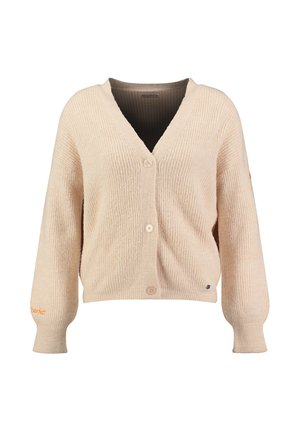 Beige, gerippte Strickjacke mit V-Ausschnitt, drei Knöpfen vorne, langen Ballonärmeln und dezentem Markenstickerei am linken Ärmelbündchen und an der Seite.