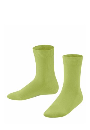 Two pairs of light green cotton socks with a ribbed cuff, smooth texture, and reinforced toe and heel sections.