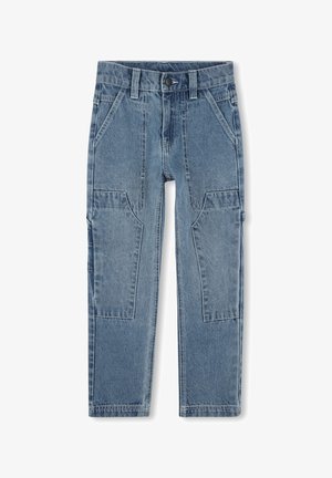 Lichtblauwe denim cargo broek met knoopsluiting, meerdere voorkanten, en een rechte pasvorm met verstevigde kniebereik.
