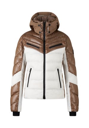 Bruine en witte pufferjas met een hoge kraag, zakken met rits en een contrasterend paneelontwerp. Gladde, glanzende textuur met geribbelde boorden.