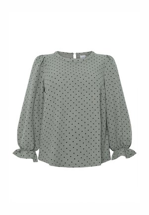 Green polka dot blouse with long puff sleeves, features gathered cuffs with ties, round neckline, and a back button closure.