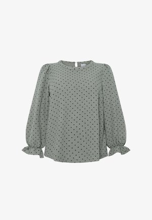 Green polka dot blouse with long puff sleeves, features gathered cuffs with ties, round neckline, and a back button closure.