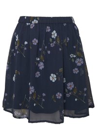 Sukně námořnické modři s elastickým pasem, s květinovým vzorem malých fialových a bílých květů a zelenými listy.