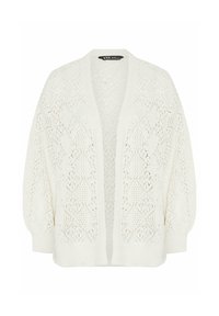 White knitted cardigan with a loose fit, featuring a diamond pattern, open front, and balloon sleeves. Made of textured, lightweight fabric.