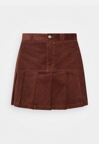 Brun manchesterkjol med vertikal ribbning, med en figursydd midja, knäppning och veckad fåll.