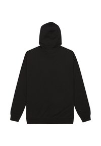 Černá mikina s kapucí, dlouhými rukávy, žebrovanými manžetami a lemem; hladká textura; minimalistický design bez viditelných log nebo vzorů.